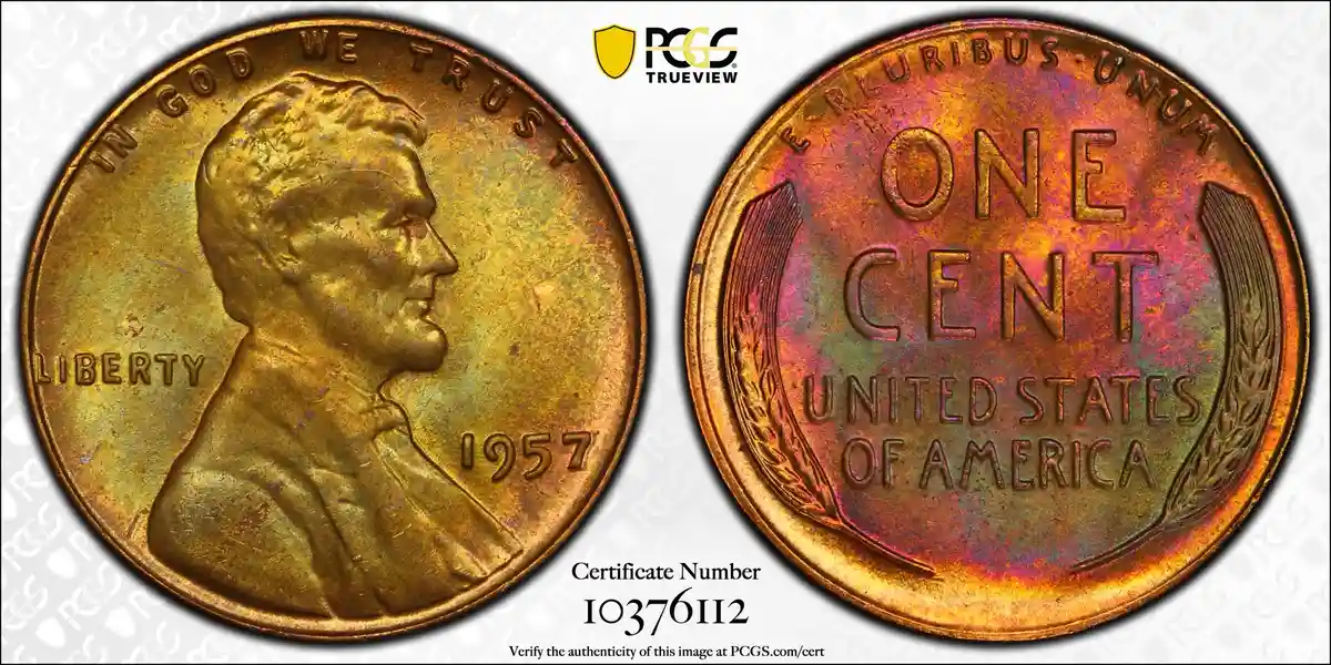 The image displays both sides of a 1957 U.S. Lincoln cent, showing Abraham Lincoln's profile on the obverse and 'ONE CENT…
