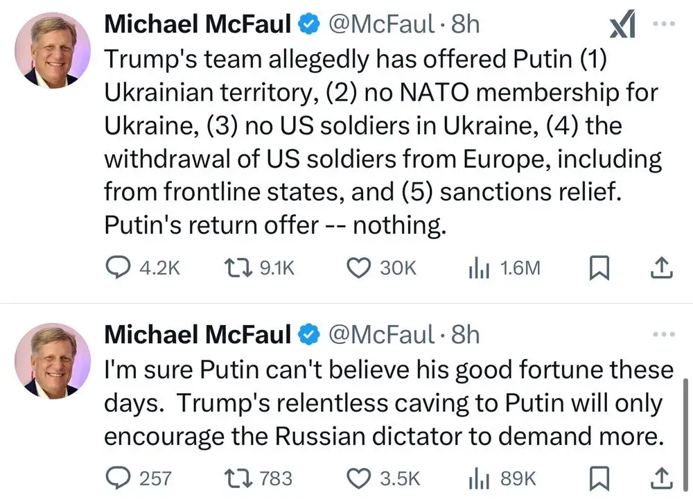 Two tweets from Michael McFaul show Trump's alleged peace offer to Putin including Ukrainian territory, no NATO, no US…