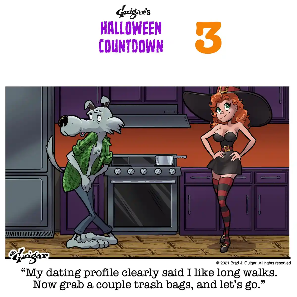 A cartoon wolf in a green plaid shirt looks nervous next to a confident witch in a black dress and hat in a kitchen. The…