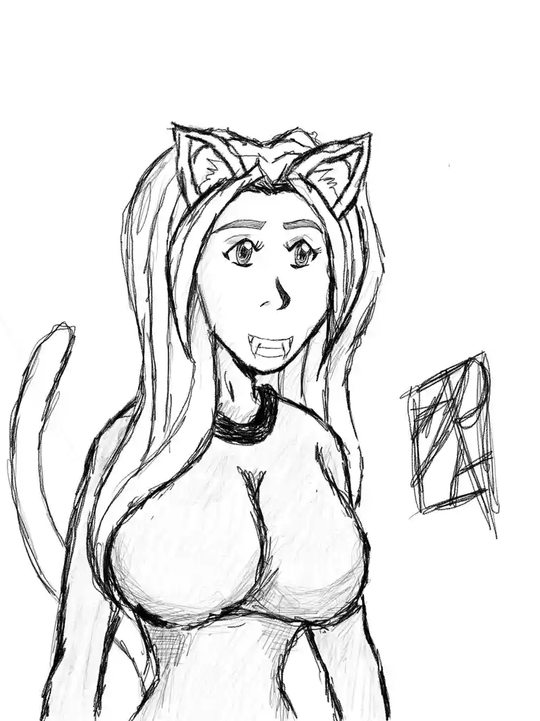 A black-and-white sketch depicts a female anime-style character with cat ears, a cat tail, and fangs, wearing a simple top…
