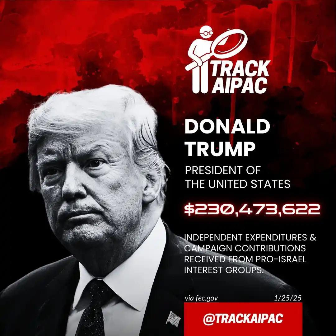 A black-and-white portrait of Donald Trump against a red background, with text overlay stating he received $230,473,622 in…