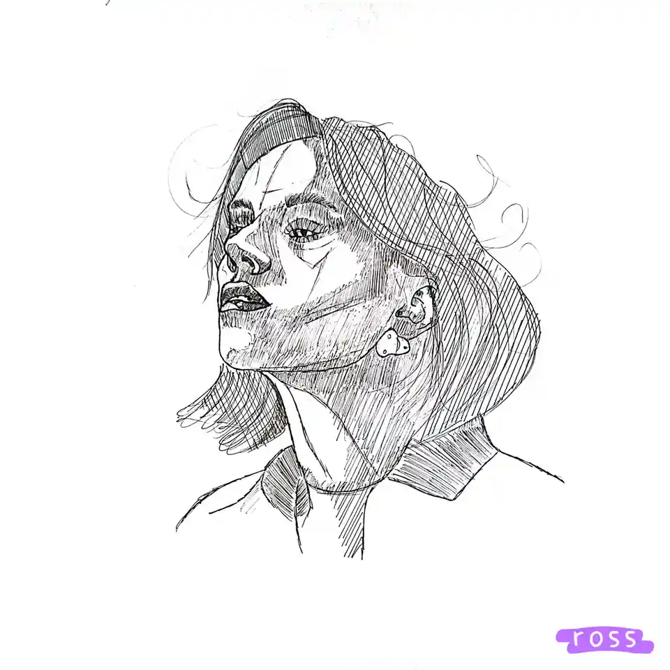 A black-and-white line drawing depicts a woman in profile, her head tilted back and eyes closed, with detailed shading on…