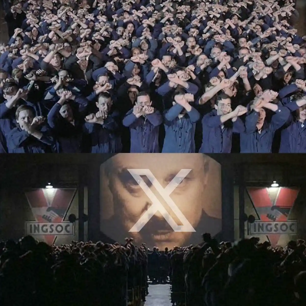The image is a two-panel meme. The top panel shows a crowd of people in blue uniforms performing a synchronized salute with…