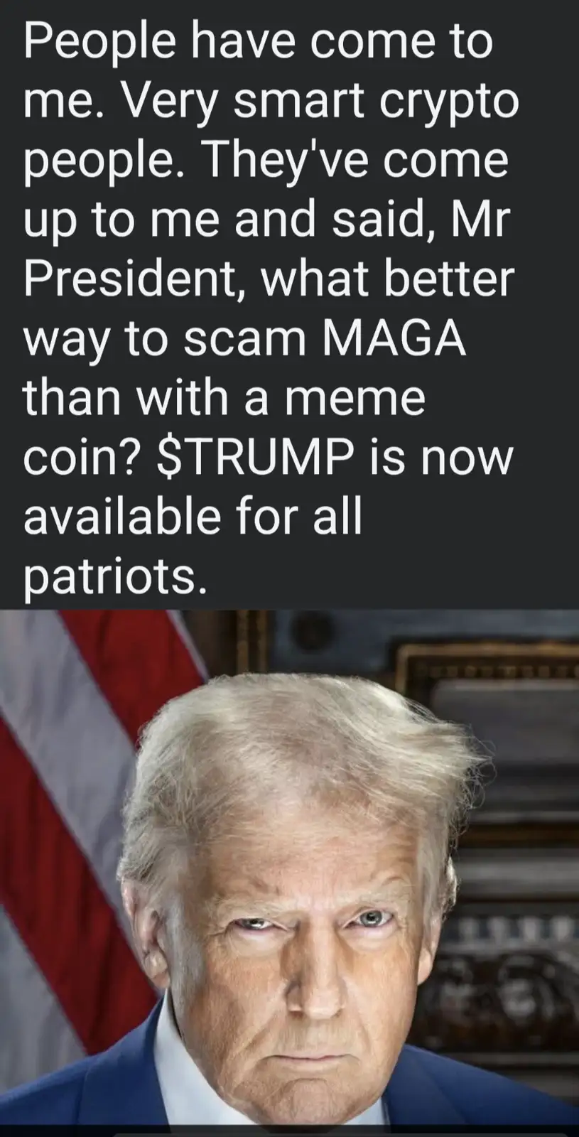 The image shows a close-up of Donald Trump with a stern expression, wearing a suit and tie, with an American flag partially…