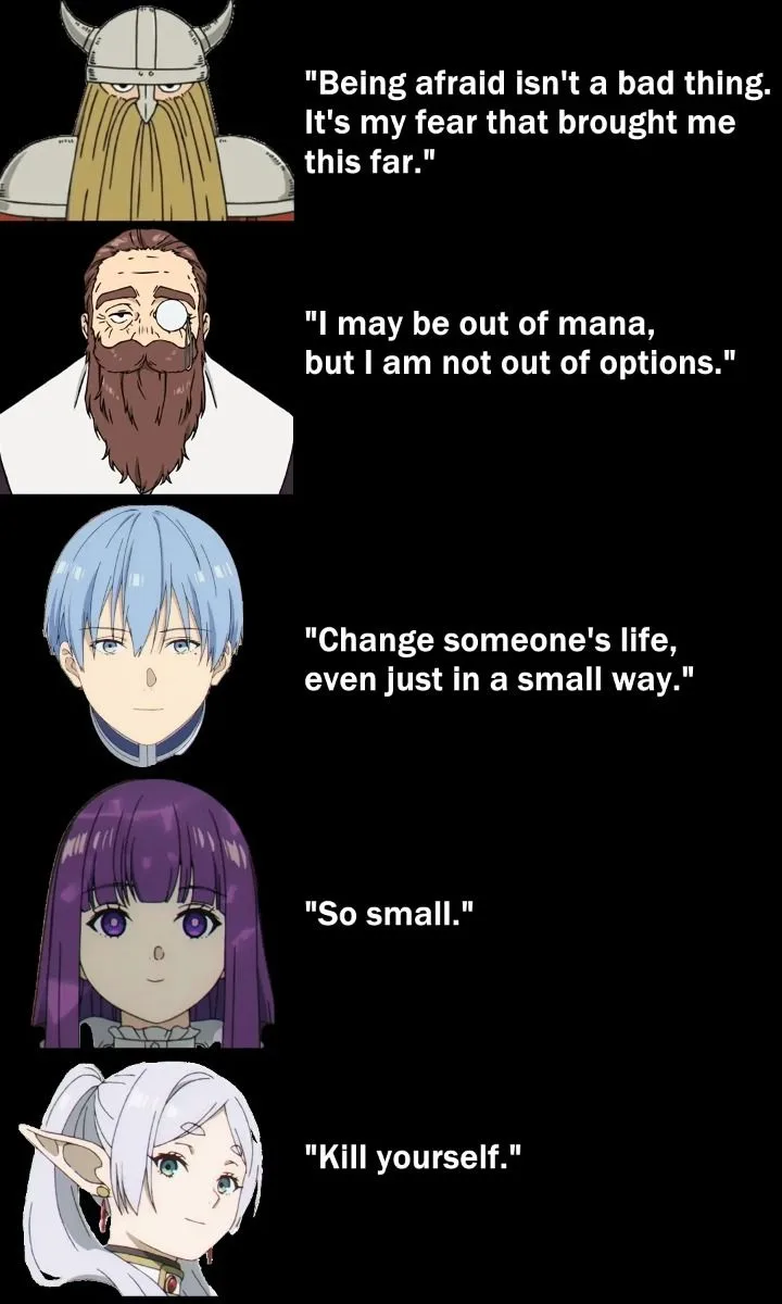 A vertical comic strip featuring five anime-style characters, each with a quote overlaid. The top Viking-like character…