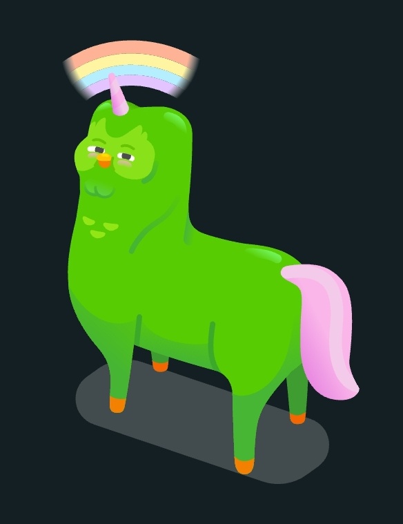 A green, cartoonish llama with a pink horn and a rainbow halo above its head, standing on a dark background. The text…