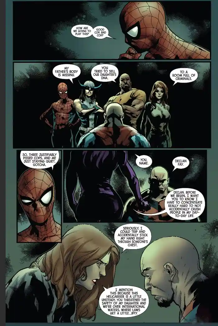 A comic book panel featuring Spider-Man and other characters in a tense interrogation scene. Spider-Man questions a bald man…