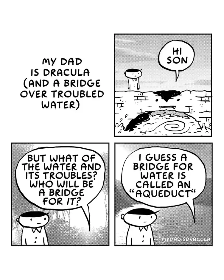 A four-panel comic strip shows a son greeting his father, Dracula, who is depicted as a bridge over troubled water. The son…