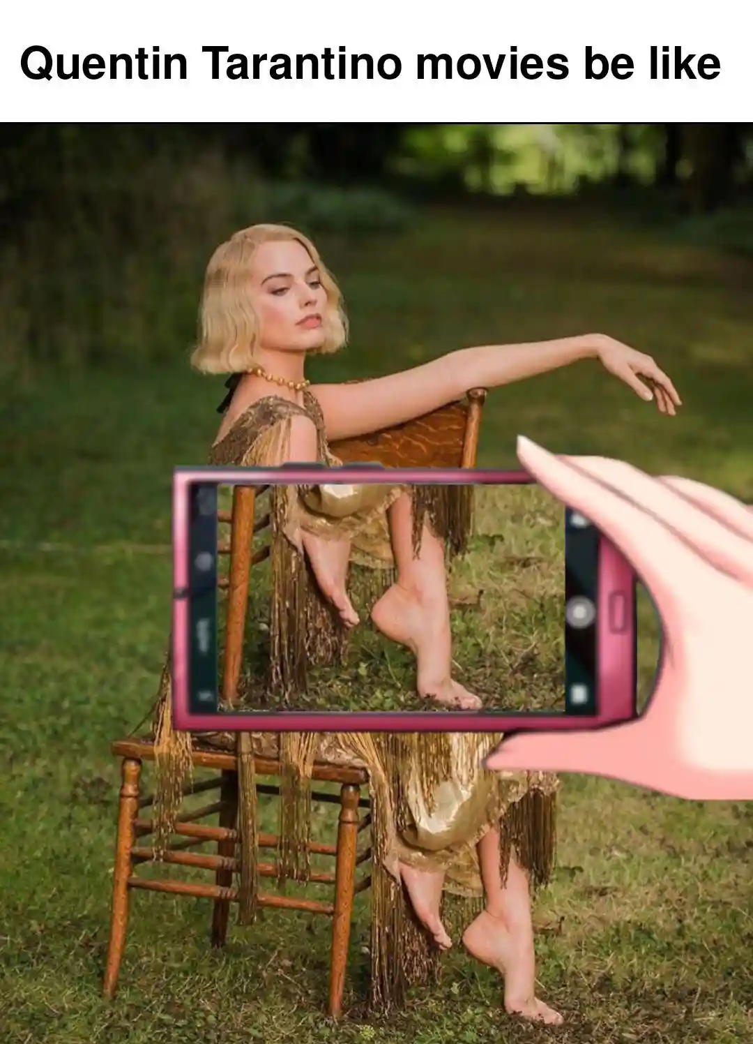 A woman in a gold fringed dress sits barefoot on a wooden chair outdoors, being photographed by a cartoon hand holding a…