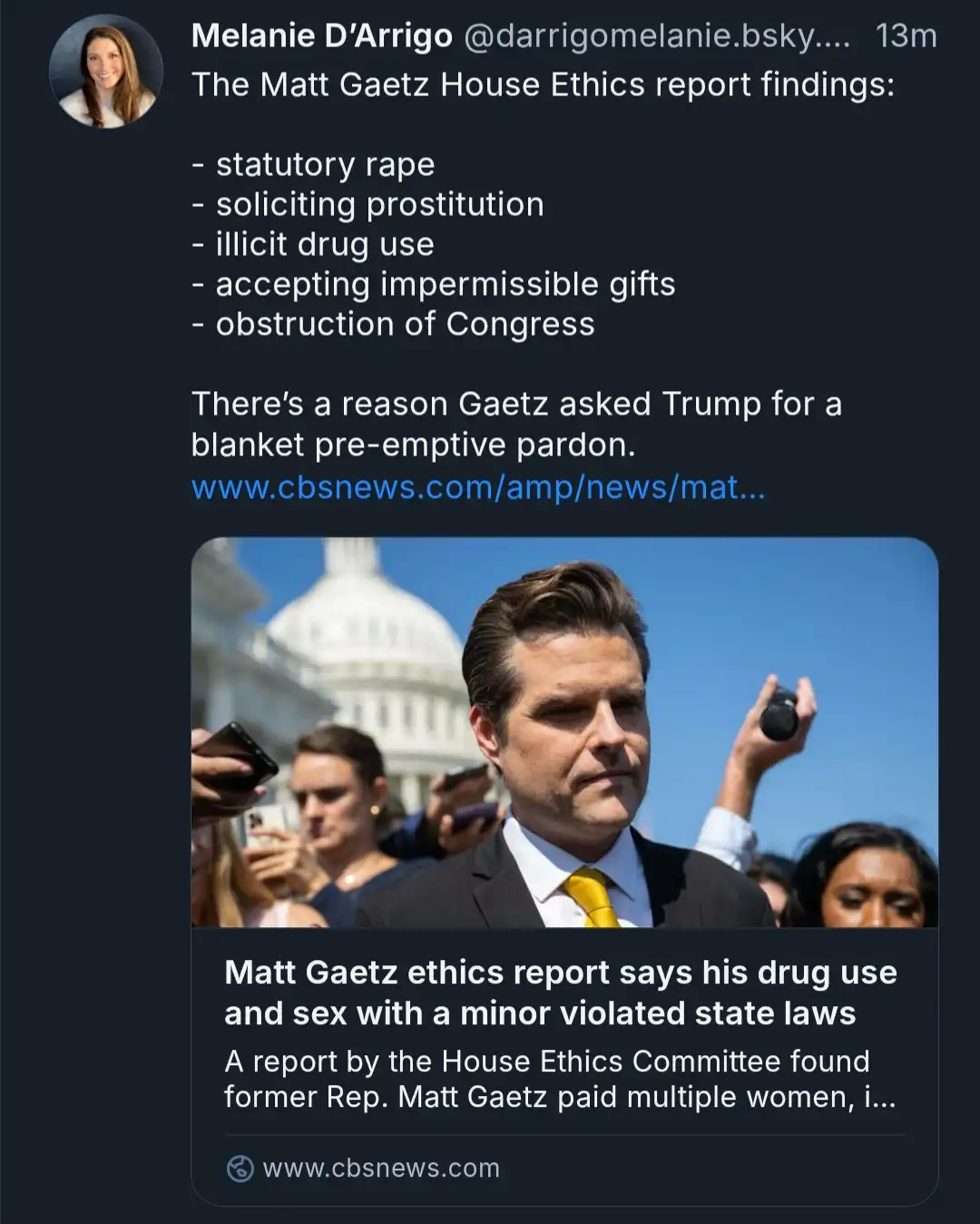 A screenshot of a social media post listing serious ethical violations against former Rep. Matt Gaetz, including statutory…
