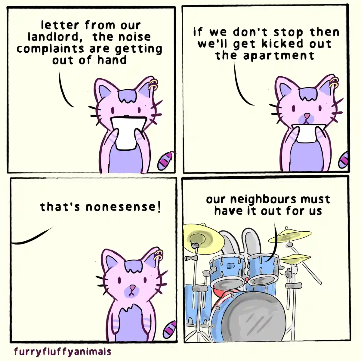 A four-panel comic strip featuring a pink cartoon cat reading a letter about noise complaints. The cat dismisses the…