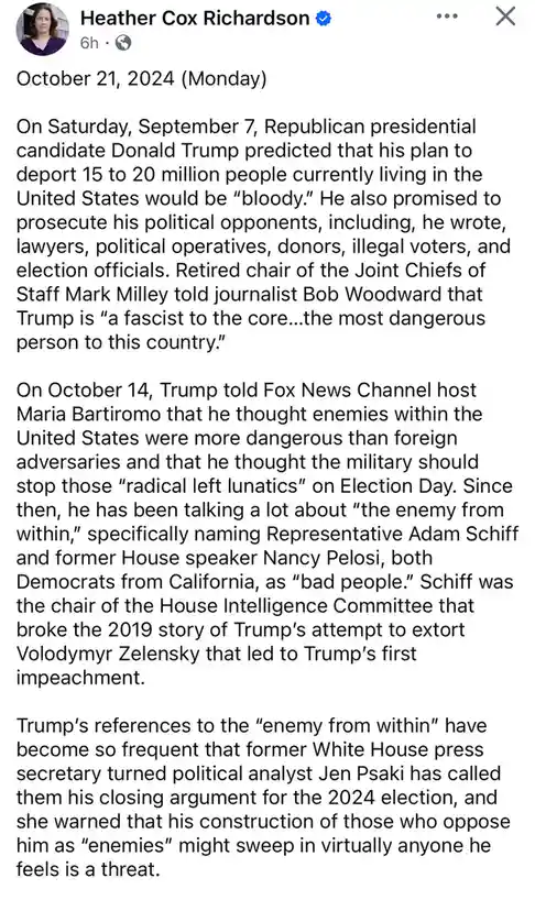 A screenshot of a Facebook post by Heather Cox Richardson dated October 21, 2024, detailing Donald Trump's recent statements…