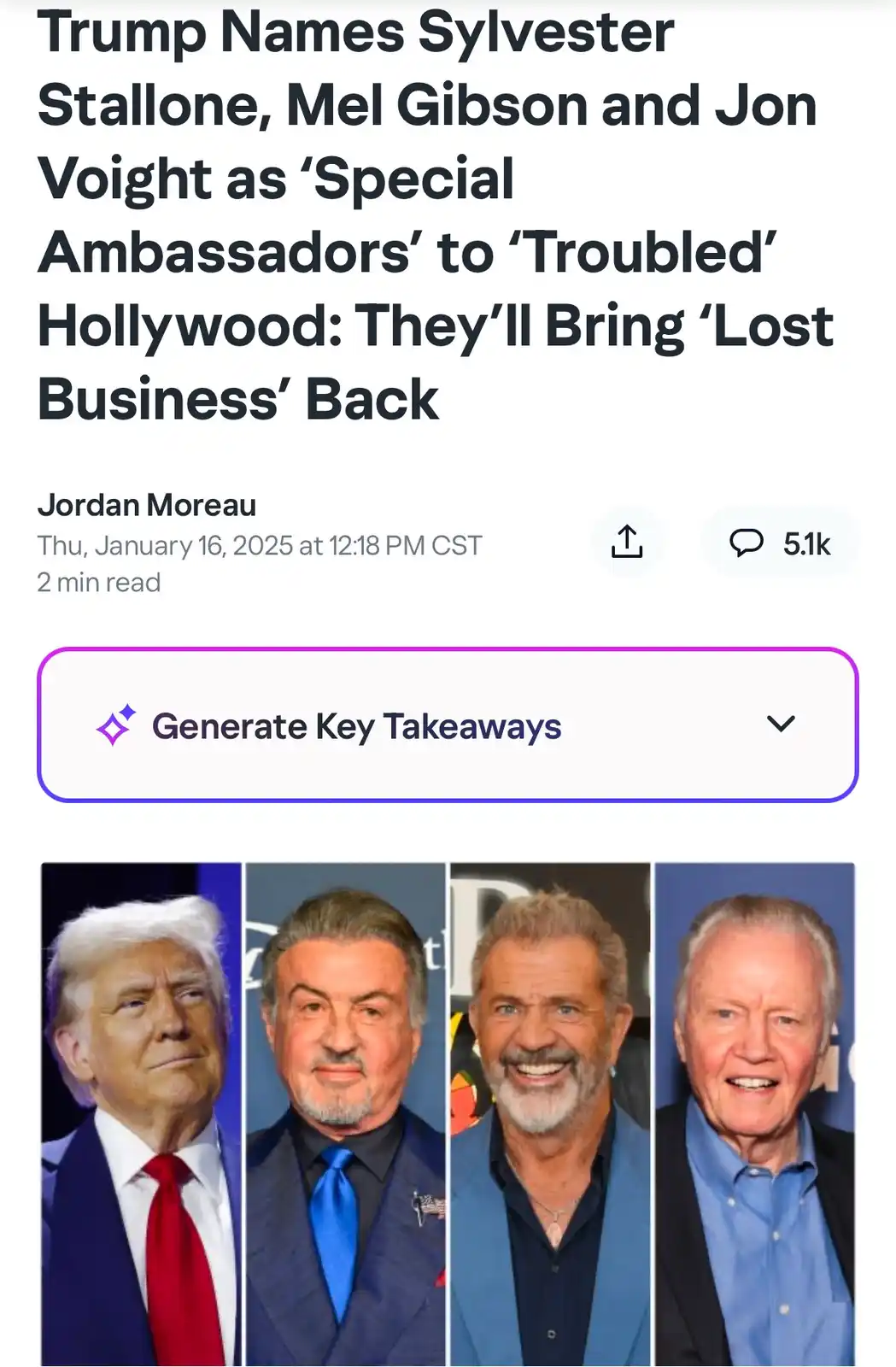 The image displays a mock news article headline claiming Donald Trump has appointed Sylvester Stallone, Mel Gibson, and Jon…