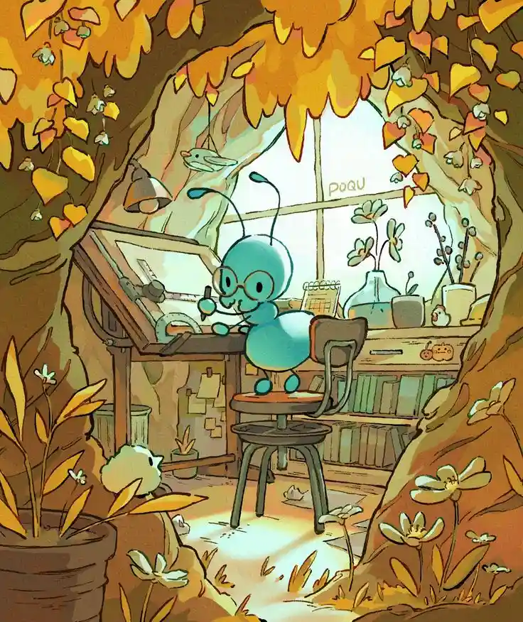 A whimsical illustration shows a blue, bug-like creature with glasses sitting at a drafting table inside a cozy…