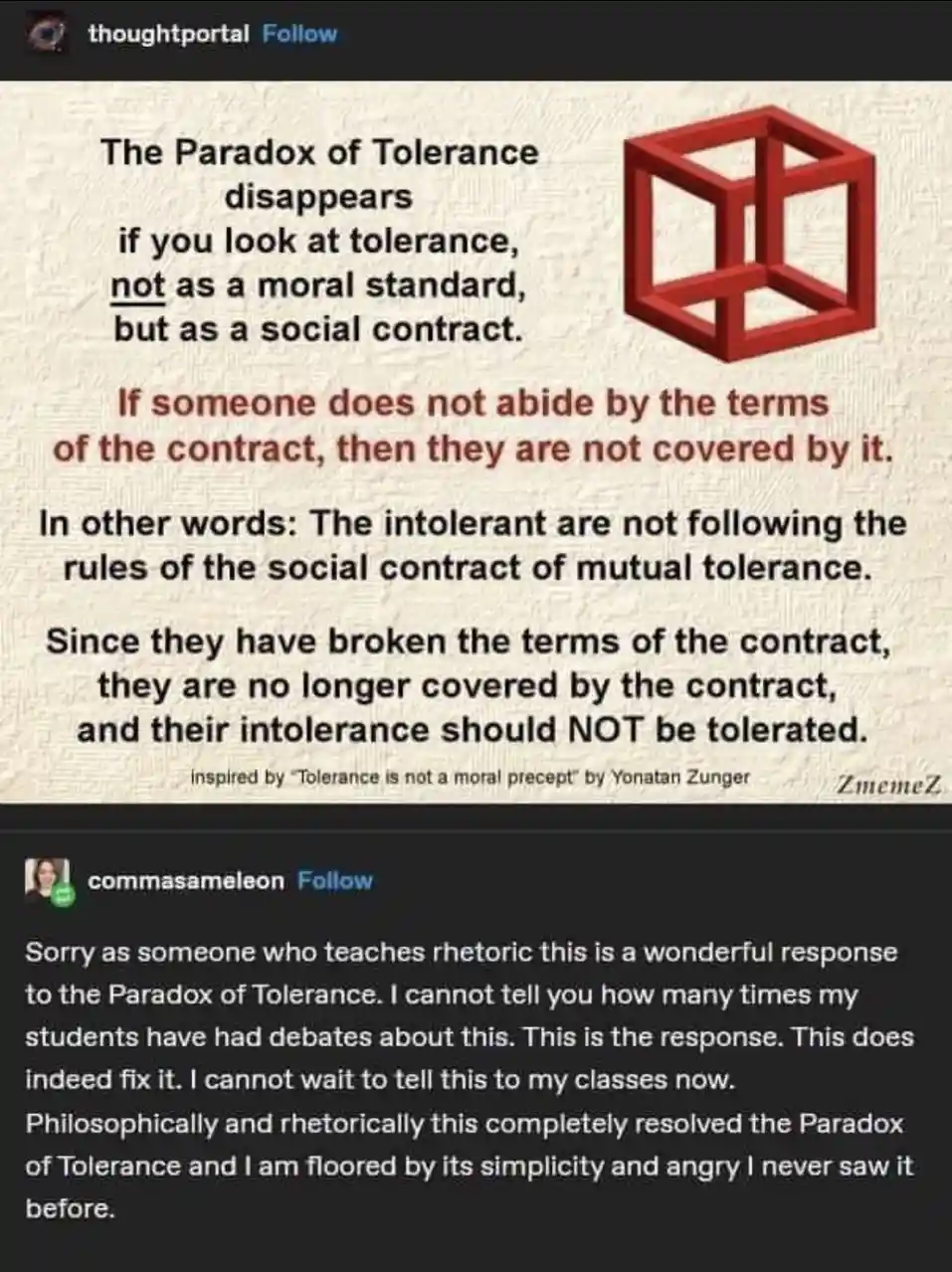 An image displays a text-based philosophical argument titled 'The Paradox of Tolerance disappears if you look at tolerance…
