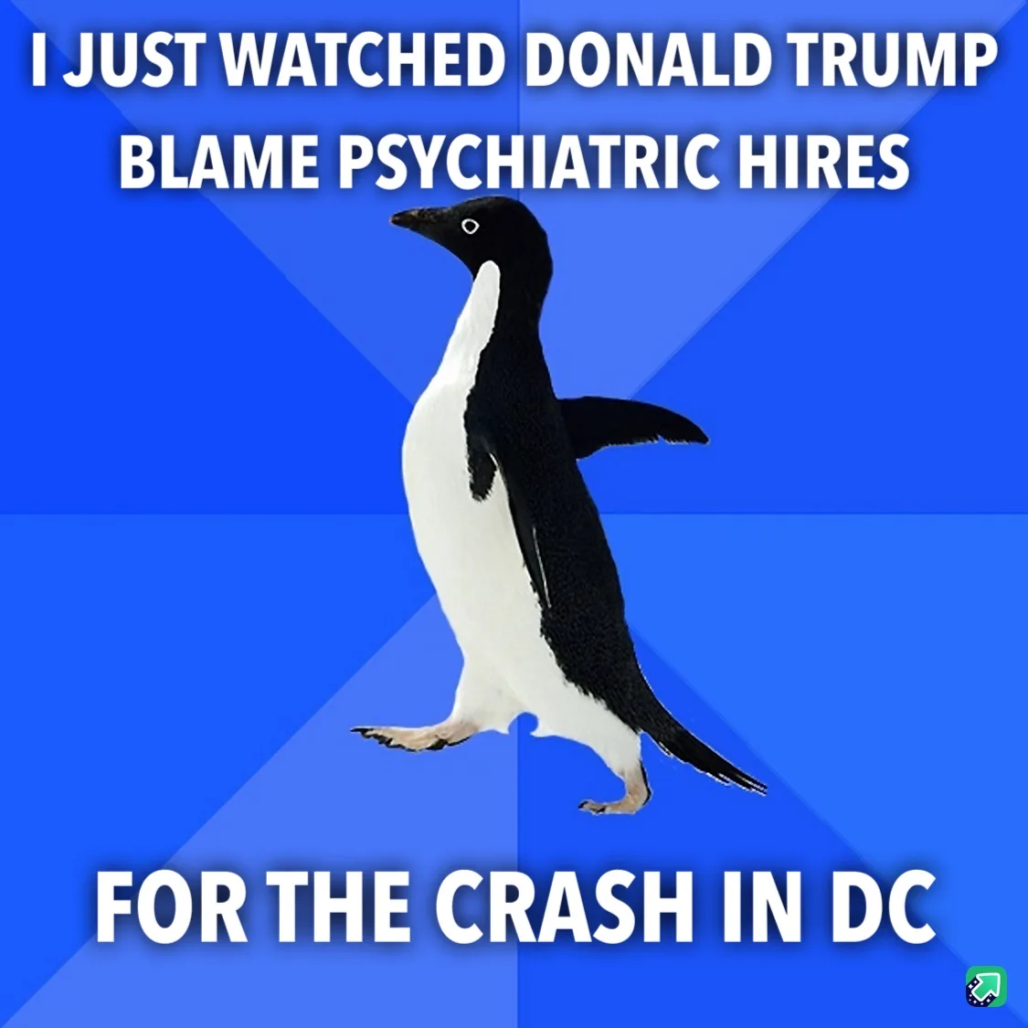 A penguin stands against a blue background with white text overlaid that reads 'I JUST WATCHED DONALD TRUMP BLAME…