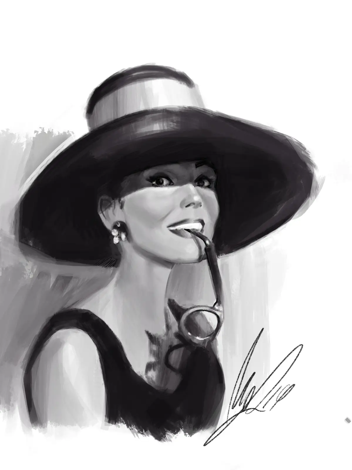 A black-and-white digital sketch of a woman wearing a wide-brimmed hat and a dark top, with a pair of glasses hanging from…