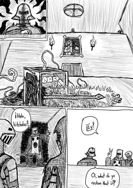 A black-and-white comic strip depicts medieval knights in a room filled with strange, fantastical objects like a giant…
