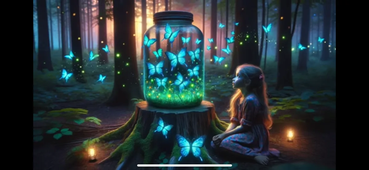 A young girl sits in a mystical forest, gazing at a large glass jar placed on a mossy tree stump. The jar is filled with…