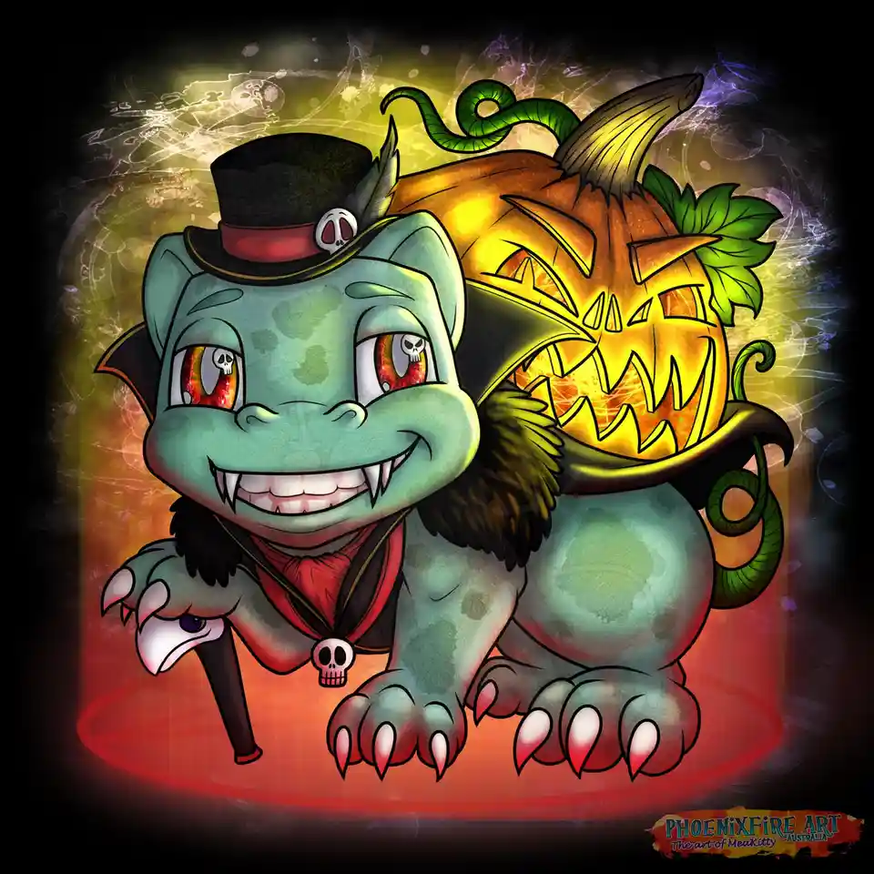 A cartoonish green dragon with red eyes, wearing a top hat with a skull pin and a red scarf with a skull pendant, smiles…