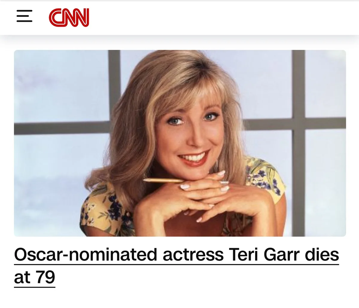 A screenshot of a CNN news article shows a smiling photo of actress Teri Garr holding a pencil under her chin. The headline…