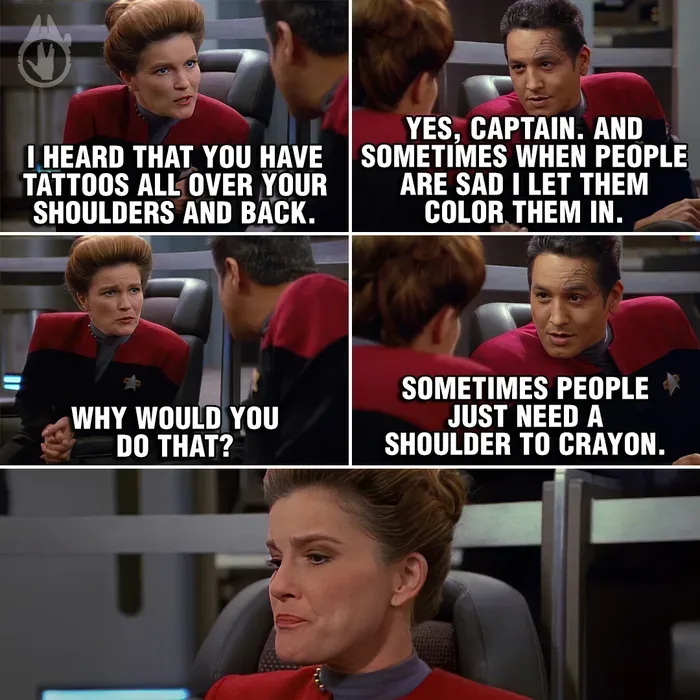 A six-panel meme from Star Trek: The Next Generation featuring Captain Picard and Counselor Troi. Troi asks Picard about…
