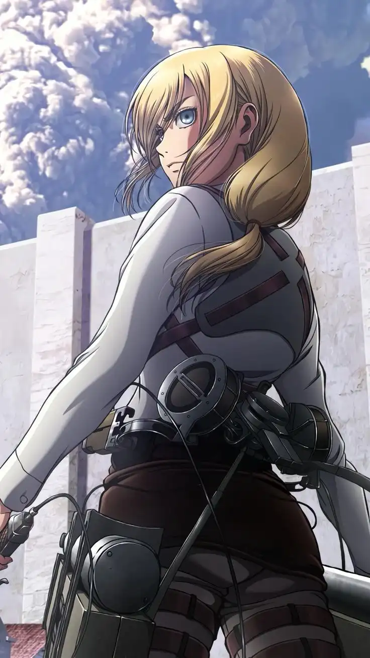 An anime character with blonde hair and blue eyes, wearing a white and grey uniform with mechanical gear, stands in profile…