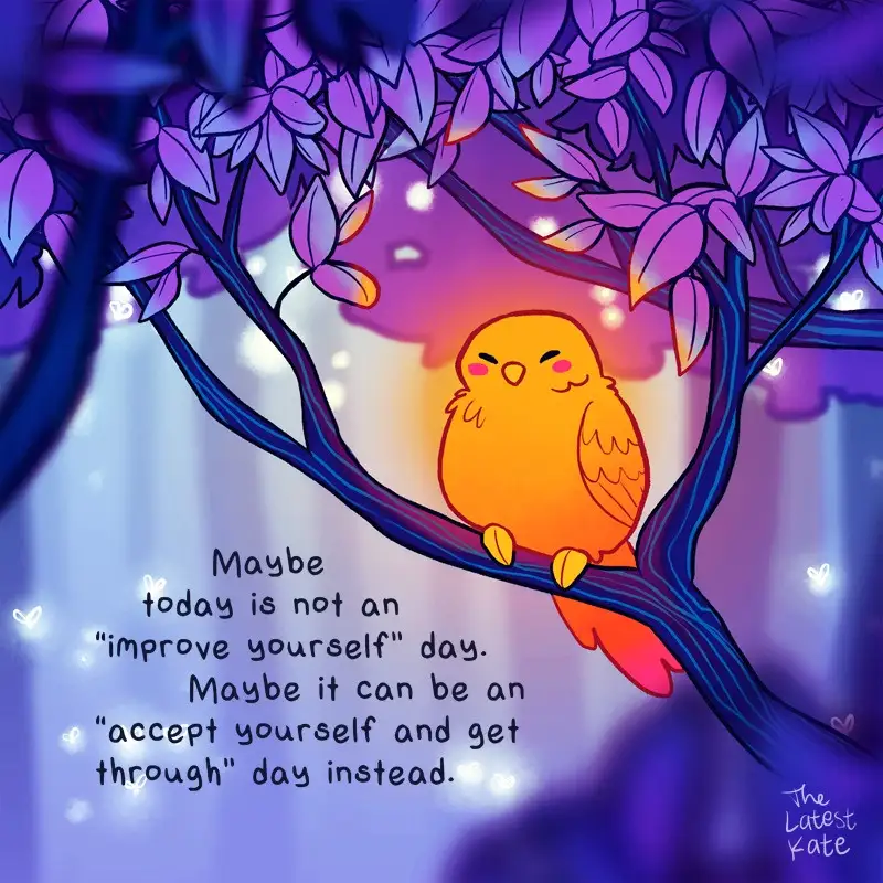 A cute, cartoon-style orange bird with closed eyes and a content expression sits peacefully on a dark blue tree branch. The…