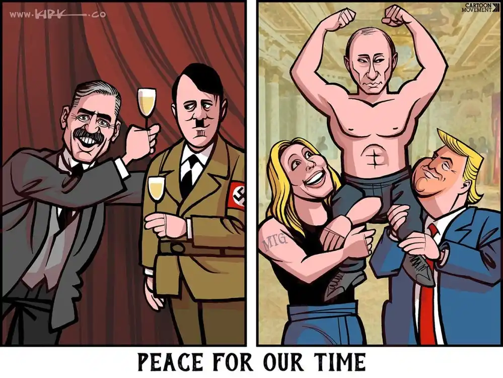 The image is split into two panels. Left: A cartoon of Adolf Hitler and a smiling man with a mustache, both holding…