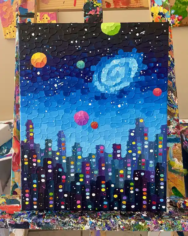 A thickly textured, colorful painting on canvas depicts a city skyline at night with buildings covered in multicolored dots…