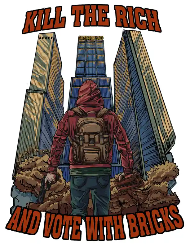 A cartoon illustration shows a hooded person from behind, wearing a red hoodie and carrying a backpack, holding a gun in one…