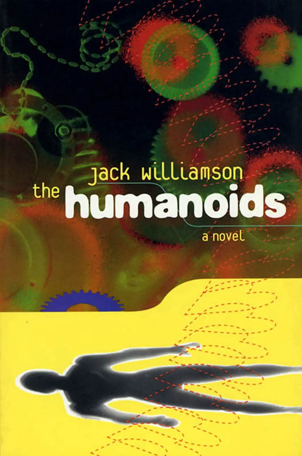 The image is a book cover for 'The Humanoids' by Jack Williamson, featuring a black silhouette of a human figure lying on a…