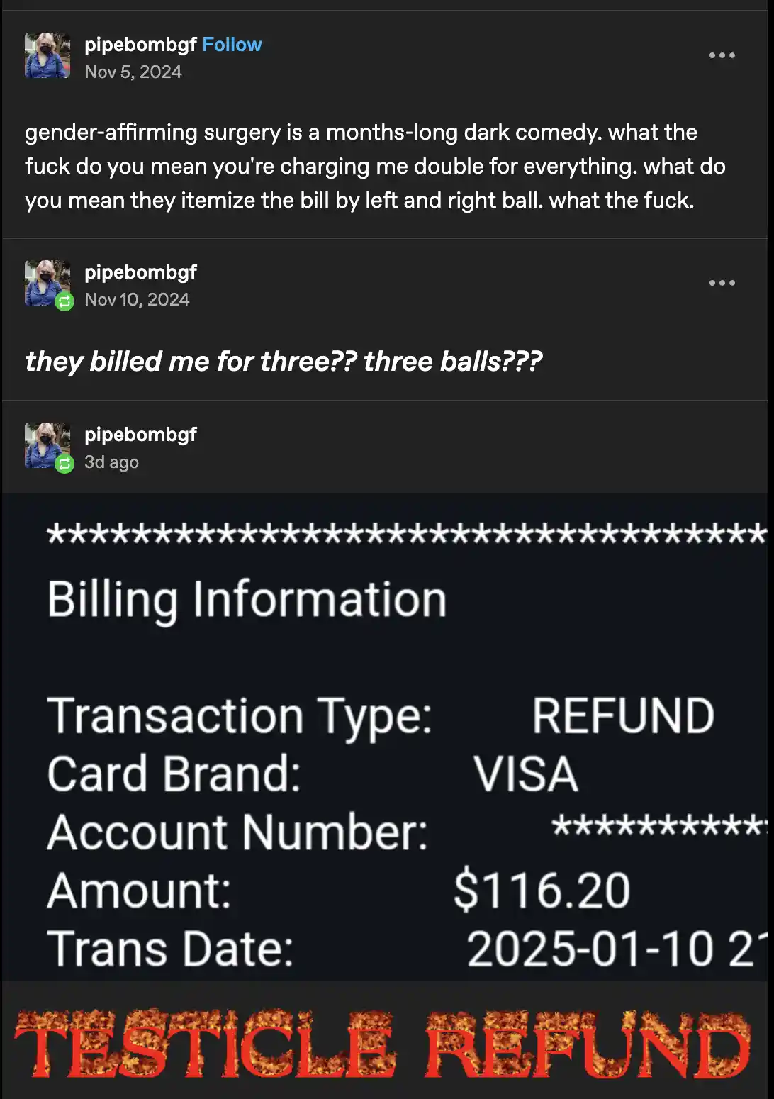 A screenshot of a social media thread shows a user's escalating frustration over a medical bill for gender-affirming…