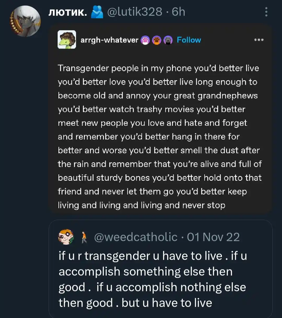 A screenshot of a Twitter/X thread shows a user named 'arrgh-whatever' posting a long, poetic message about living life…