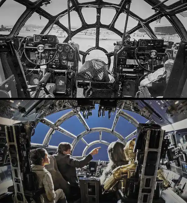 The image is a two-panel meme. The top panel shows the interior of a B-17 bomber cockpit, with empty pilot seats and a view…