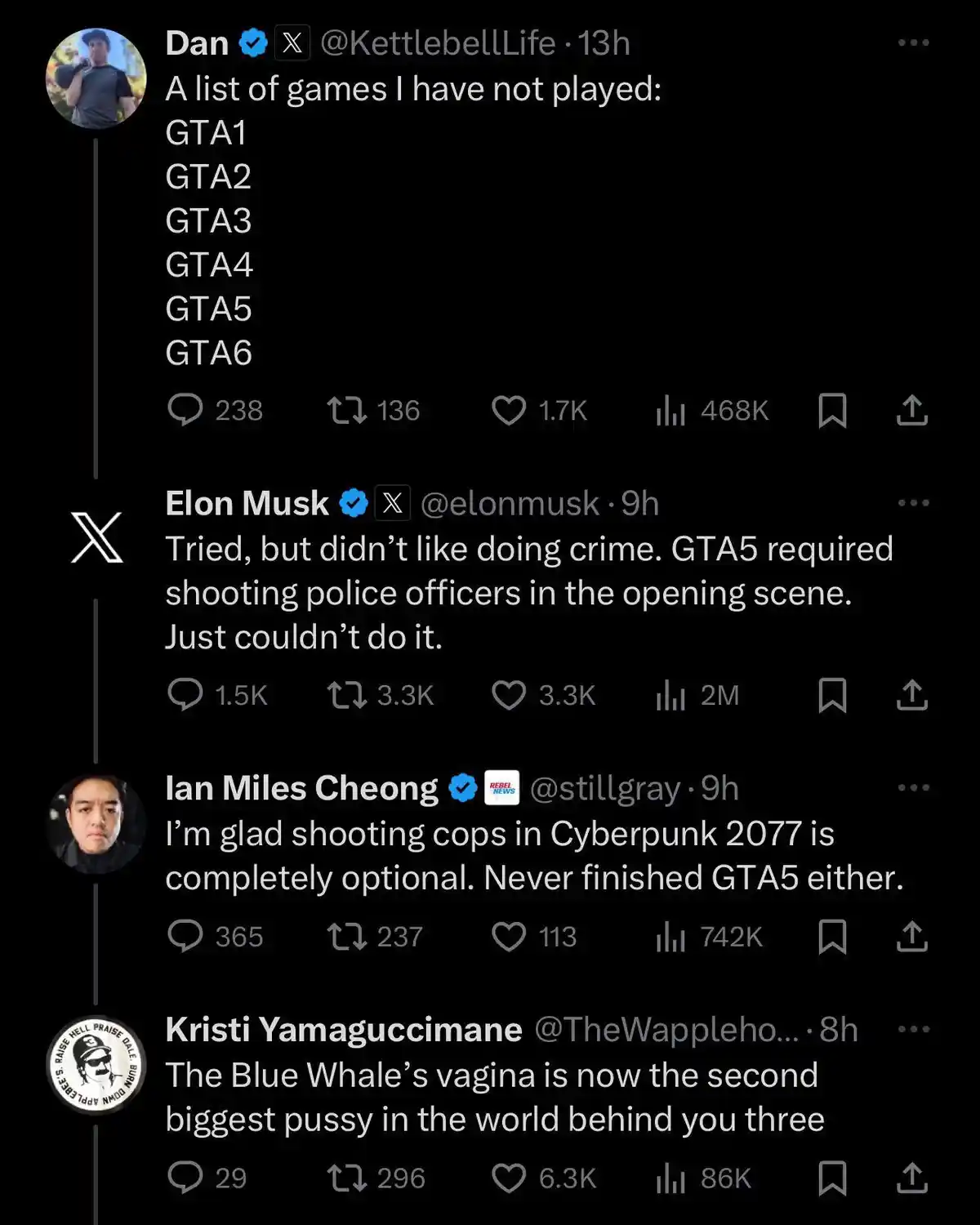 A screenshot of four X (Twitter) posts. The first, by Dan @KettlebellLife, lists six Grand Theft Auto games he hasn't…