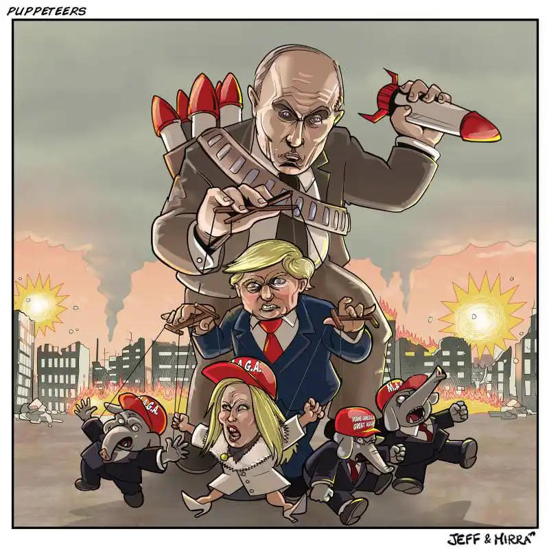 A political cartoon shows a giant Vladimir Putin holding a rocket and puppet strings, controlling smaller figures including…