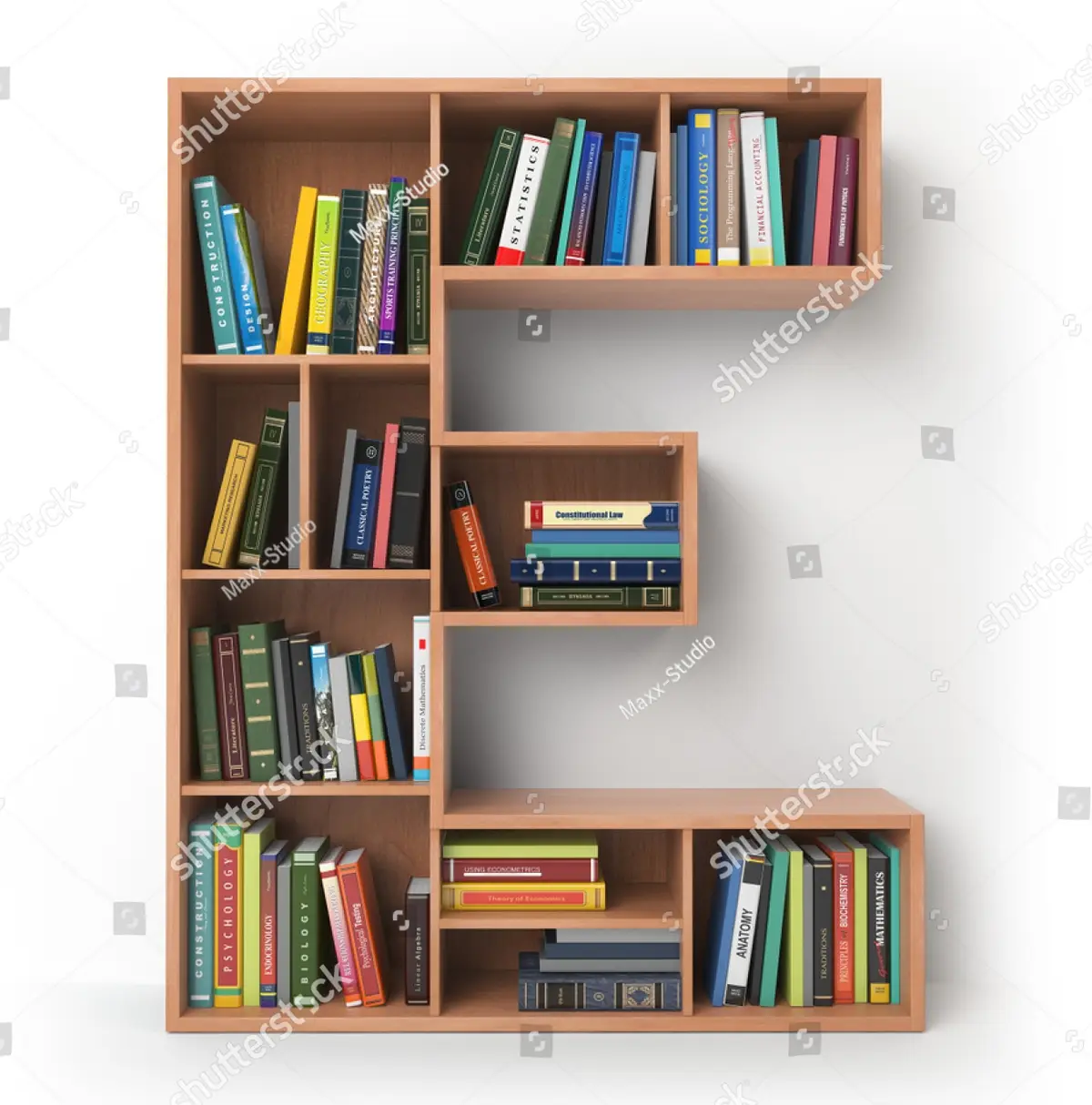 A wooden bookshelf shaped like the letter 'A' is filled with books on various academic subjects like statistics, sociology…