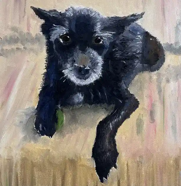 A painted portrait of a black dog with white markings on its muzzle and eyebrows, looking directly at the viewer while…