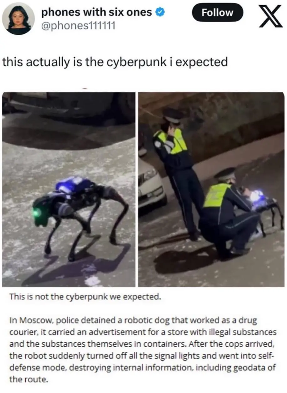 The image shows a split-screen: left side features a robotic dog with glowing blue and green lights standing on snowy…