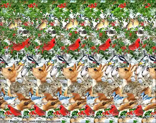 a dense, repeating collage of winter wildlife featuring red cardinals, white and black birds, deer, rabbits, and chipmunks…