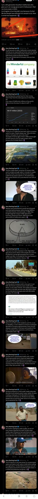 A Twitter thread by Amy Sterling Casil details how billionaires Lynda and Stewart Resnick, owners of The Wonderful Company…