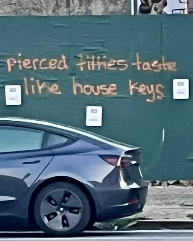 A dark gray Tesla Model 3 is parked in front of a green construction fence. On the fence, orange spray-painted text reads…