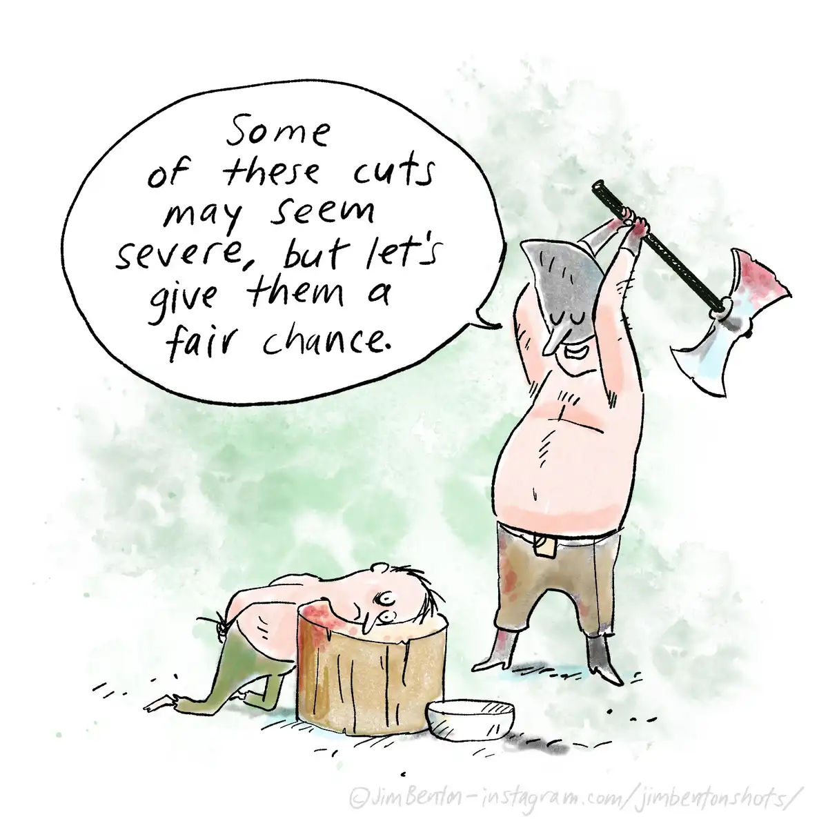 A cartoon depicts a man in a helmet holding an axe above his head, preparing to chop down a person who is stuck in a tree…