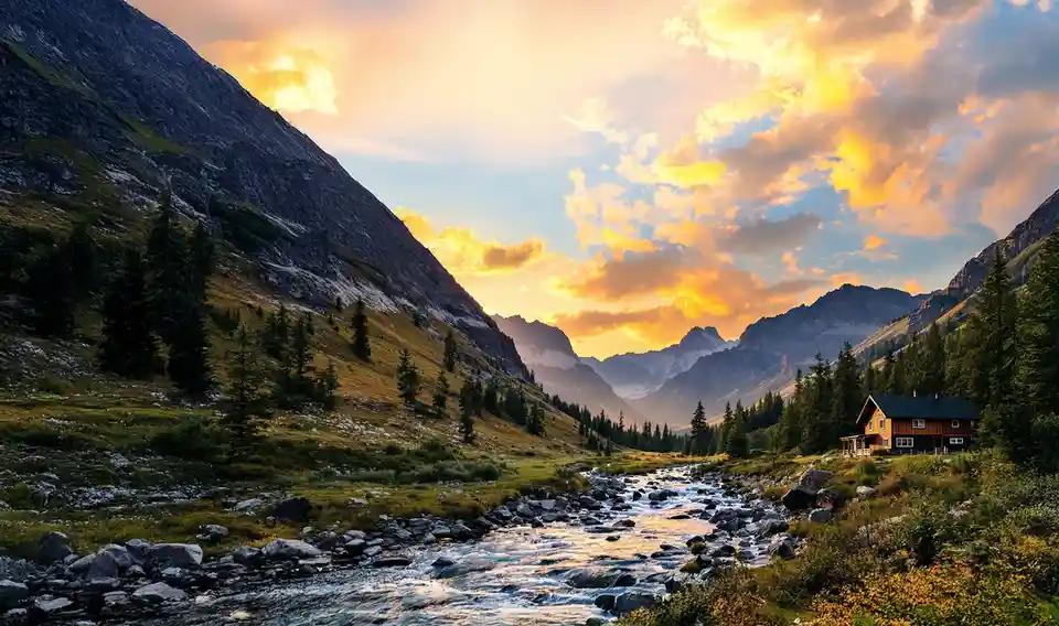 A picturesque mountain valley at sunset, featuring a wooden cabin nestled among pine trees beside a rocky river. The sky is…