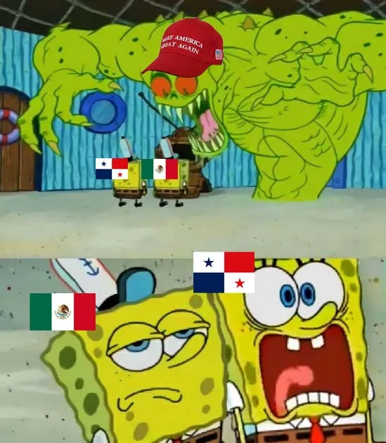 Top panel: A green, muscular, monstrous version of SpongeBob wearing a red 'Make America Great Again' cap looms over two…