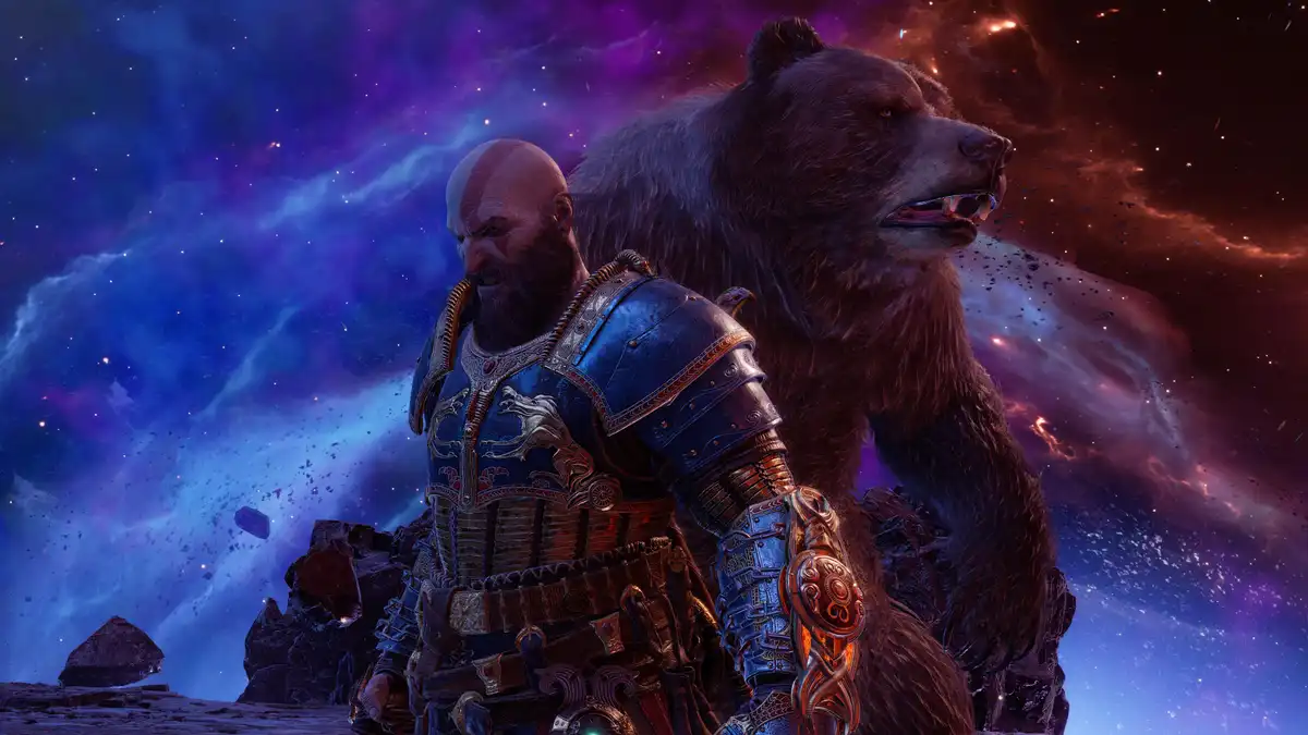 A bald, bearded man in ornate blue and gold armor stands beside a large brown bear against a cosmic nebula backdrop. The…