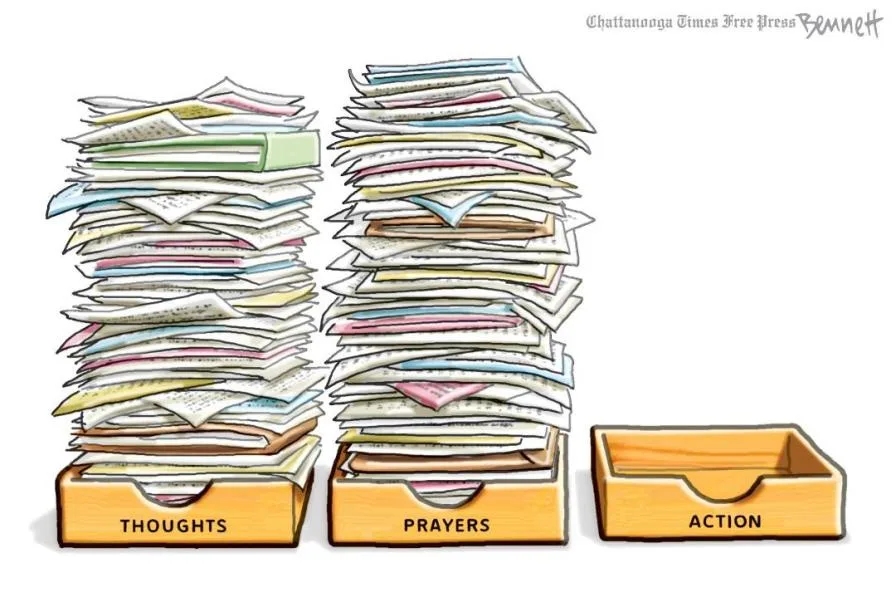 An illustration shows two tall stacks of papers labeled 'THOUGHTS' and 'PRAYERS' overflowing from wooden boxes, while a…