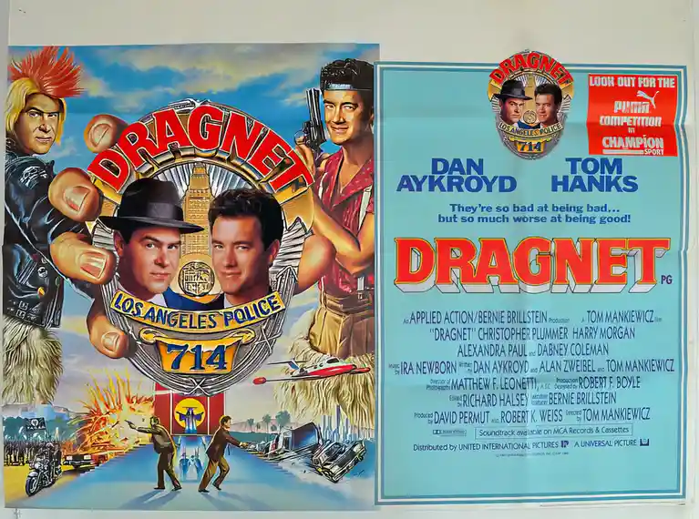 Two movie posters for the film 'Dragnet' are displayed side-by-side. The left poster features a stylized, exaggerated…