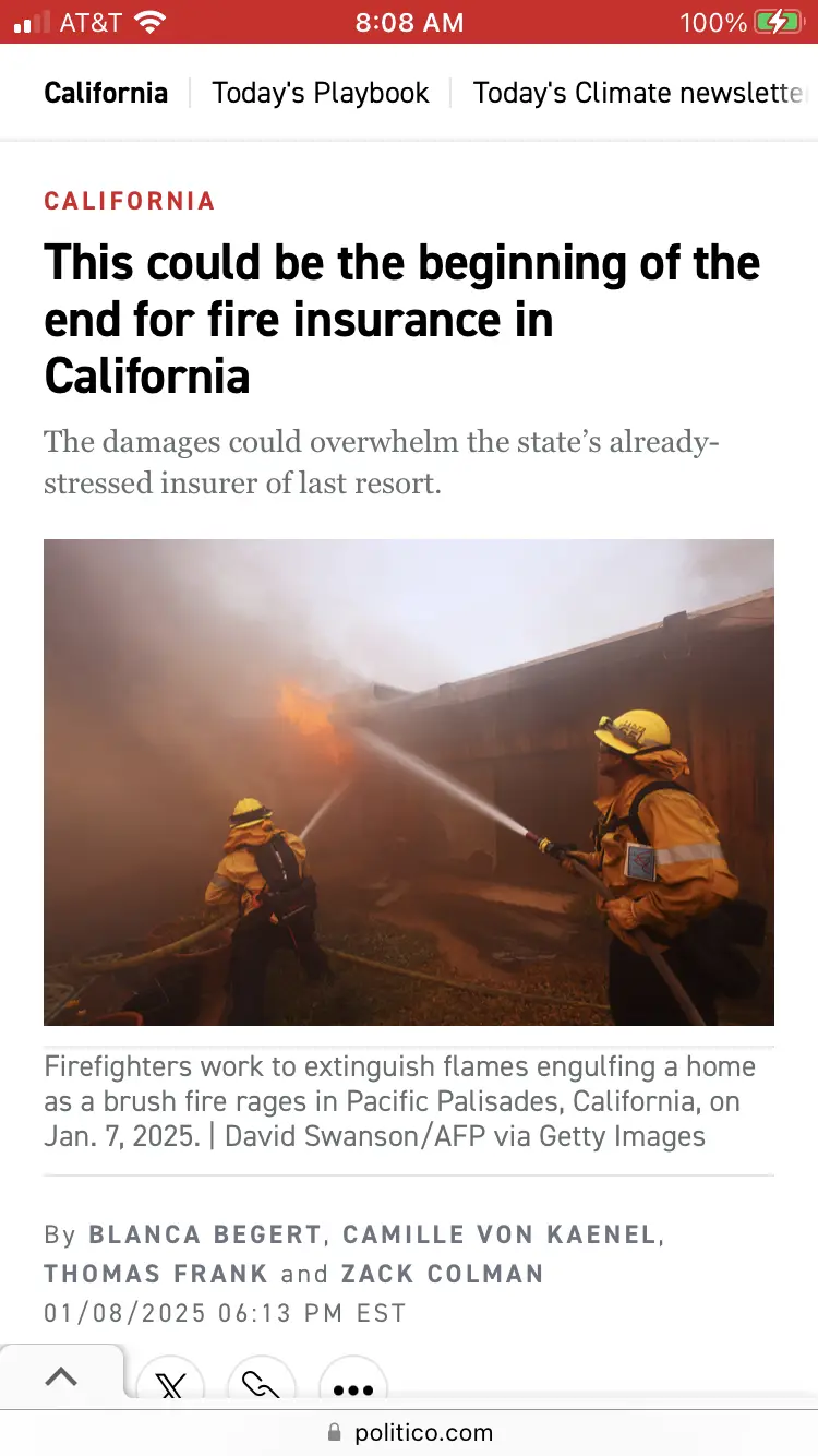 A screenshot of a Politico news article about California's fire insurance crisis, featuring a photo of two firefighters…